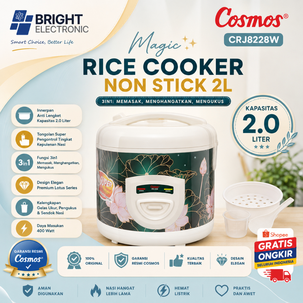 COSMOS RICE COOKER NON STICK CRJ8228W 2L/CRJ-8228W/CRJ-8228-W/CRJ-8228/CRJ 8228/ORIGINAL BERGARANSI