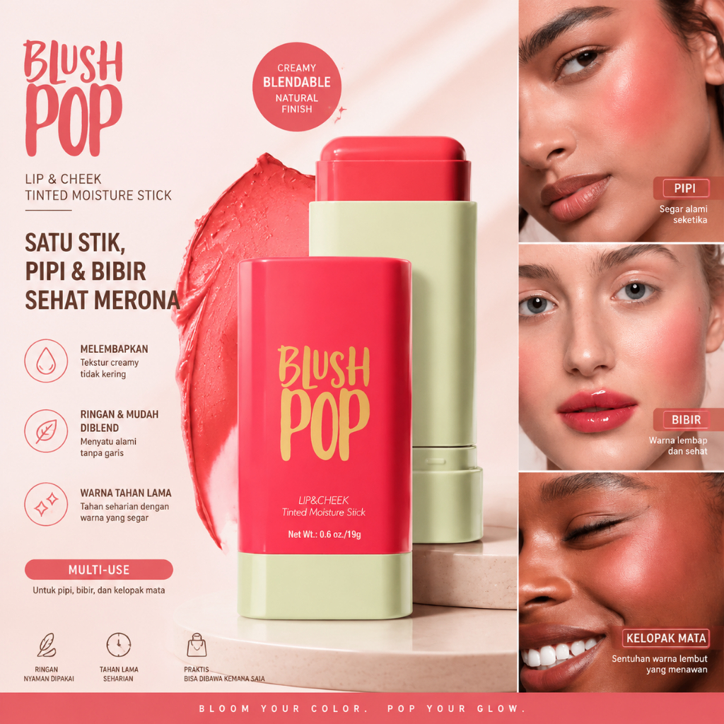 Makeup Blush Stick Hydrating 3 in 1 Gloss Lip & Cheek Blusher 3 Warna Kosmetik Kecantikan
