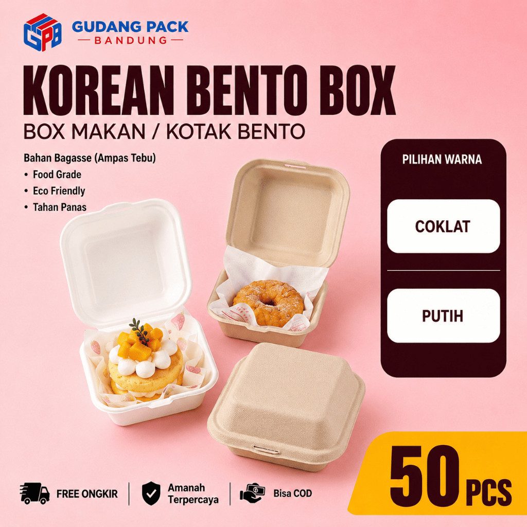 [ 50 PCS ] Bagasse Burger Box Lunch Box Kotak Tart Mini | Korea Box Bento | Box Bento Cake Mini Cake