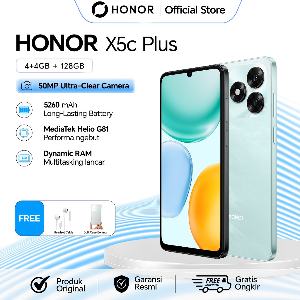 HONOR X5c Plus 4GB+4GB*|128GB (Ocean Cyan / Midnight Black)- 50MP TFT LCD- Baterai Awet Seharian 15W
