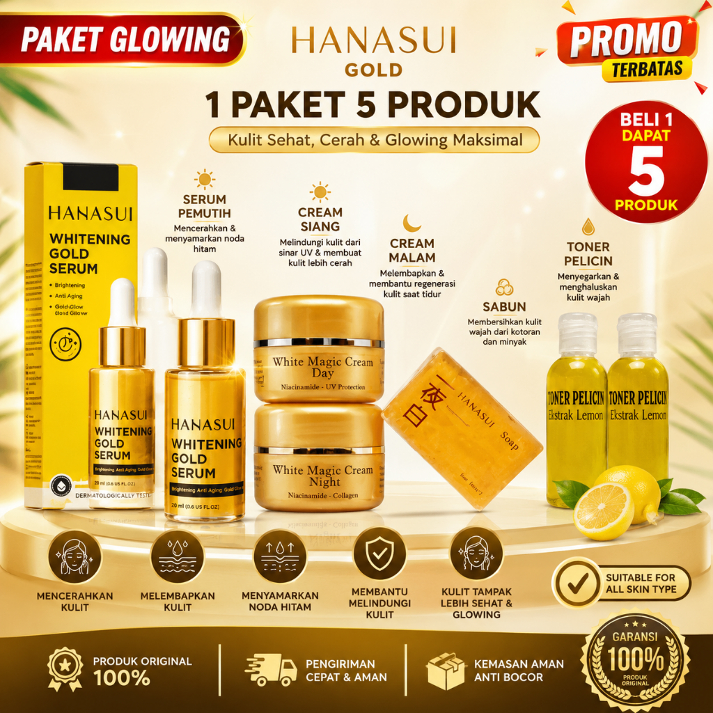 Paket Glowing HANASUI GOLD 6in1 | PAKET GLOWING HANASUI Menghilangkan Flek Hitam Kusam Penuaan Dini