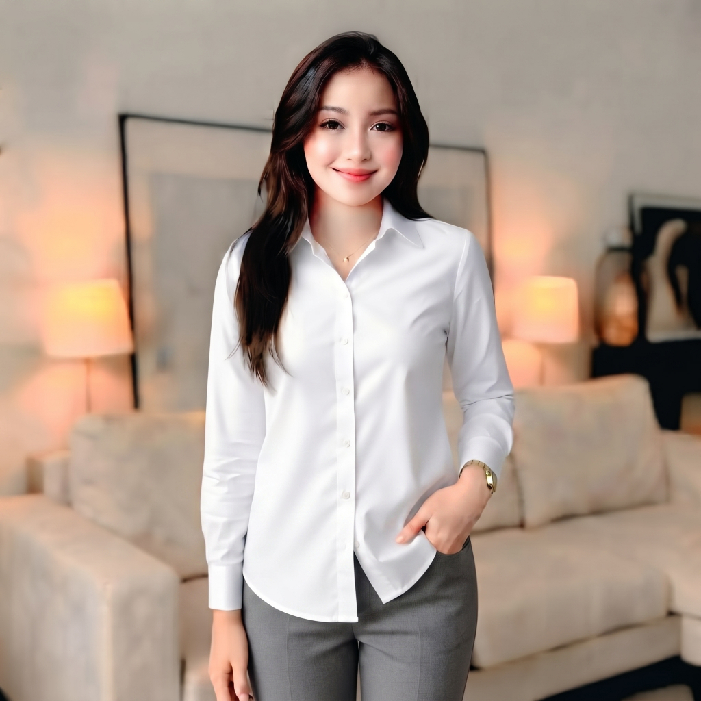 Kameja Putih Wanita Lengan Panjang Hitam Putih Atasan Kameja Kantor Polos Formal