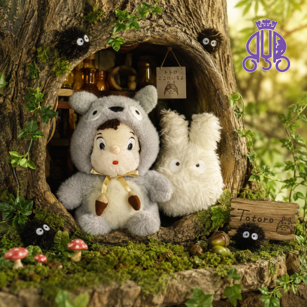 Boneka karakter Mei pakai kostum Totoro dan Totoro Putih