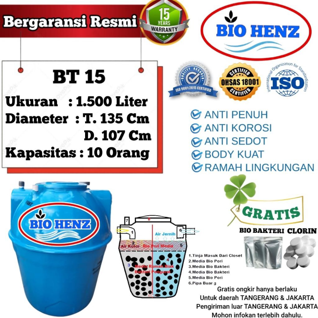 SEPTICTANK 1500L BIOHENZ/BIOTECH/BIOFILL/BIOTANK RAMAH LINGKUNGAN