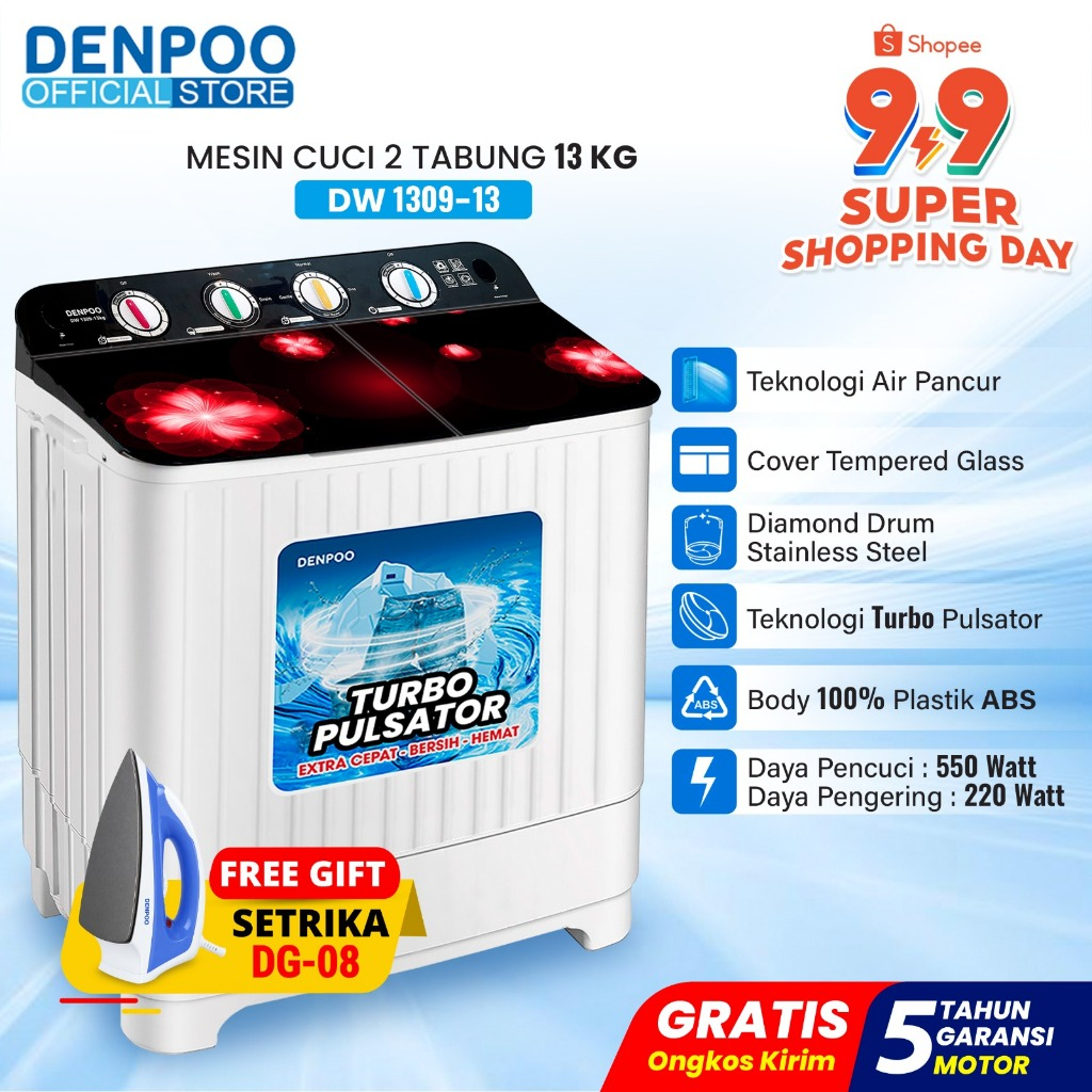 DENPOO MESIN CUCI 2 TABUNG DW 1309 NEW ( 13KG )