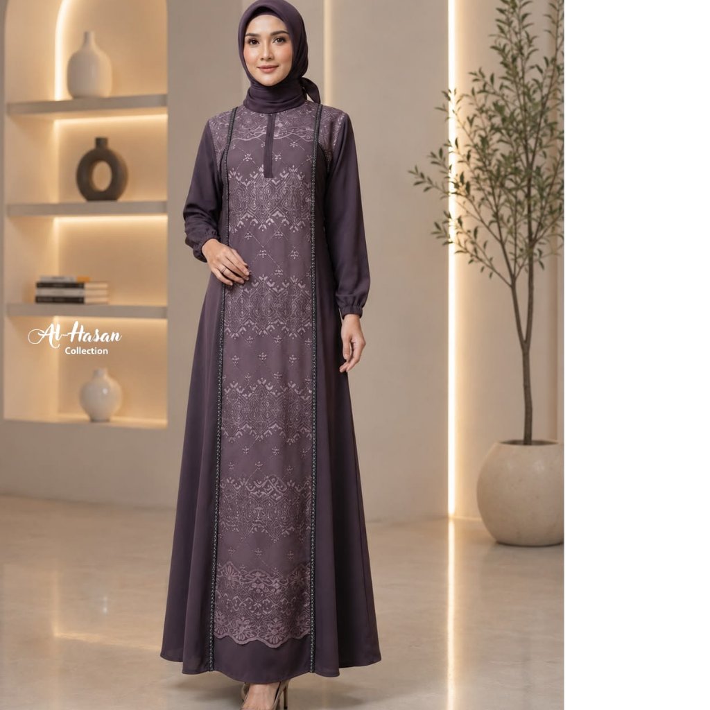 Gamis Muslimah Al-Hasan Collection warna ungu motif bordir lengan panjang