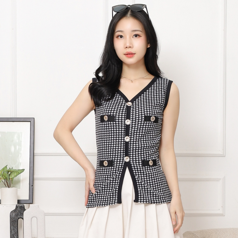 LONAIRE - Atasan Houndstooth, Korean Style, Vest Cardigan, Blouse Casual Wanita