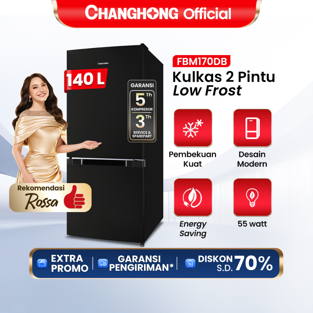 Changhong  Kulkas 2 Pintu  (Bottom Mounted Refrigerator) Lemari Es  Kapasitas 140 Liter FBM170DB Bla
