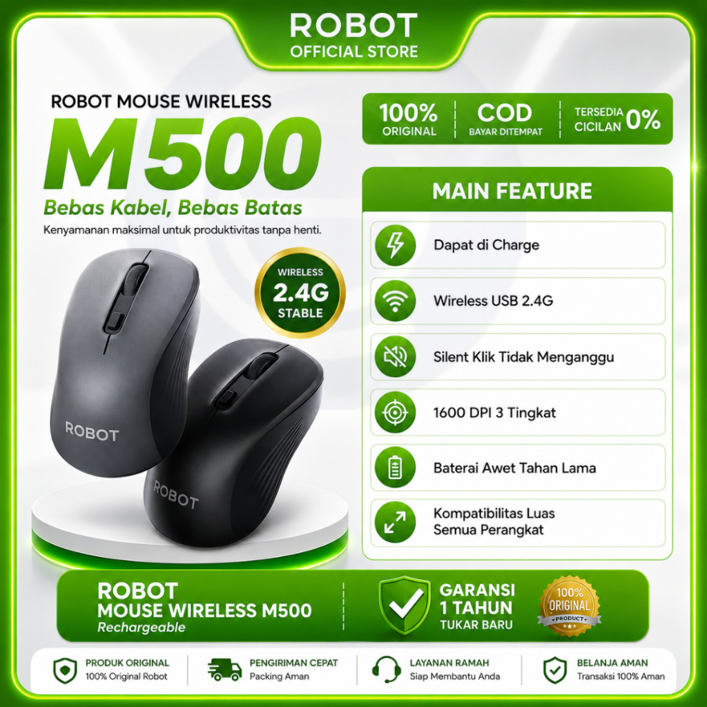 ROBOT M500 Mouse Wireless Silent Click Rechargeable Battery 800/1200/1600 Dpi