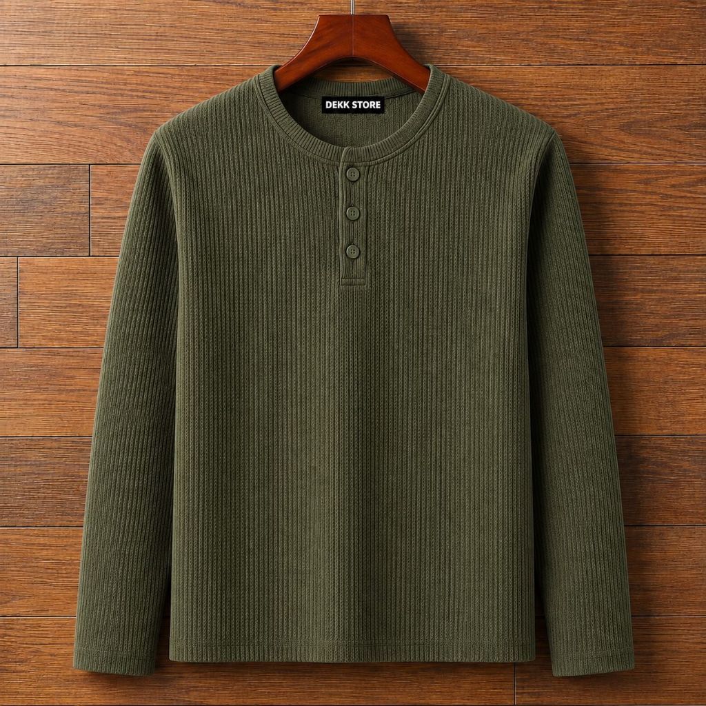 KAOS KANCING HENLEY WAFFLE KNIT LENGAN PANJANG/KAOS KANCING KNIT PRIA POLOS PRIA