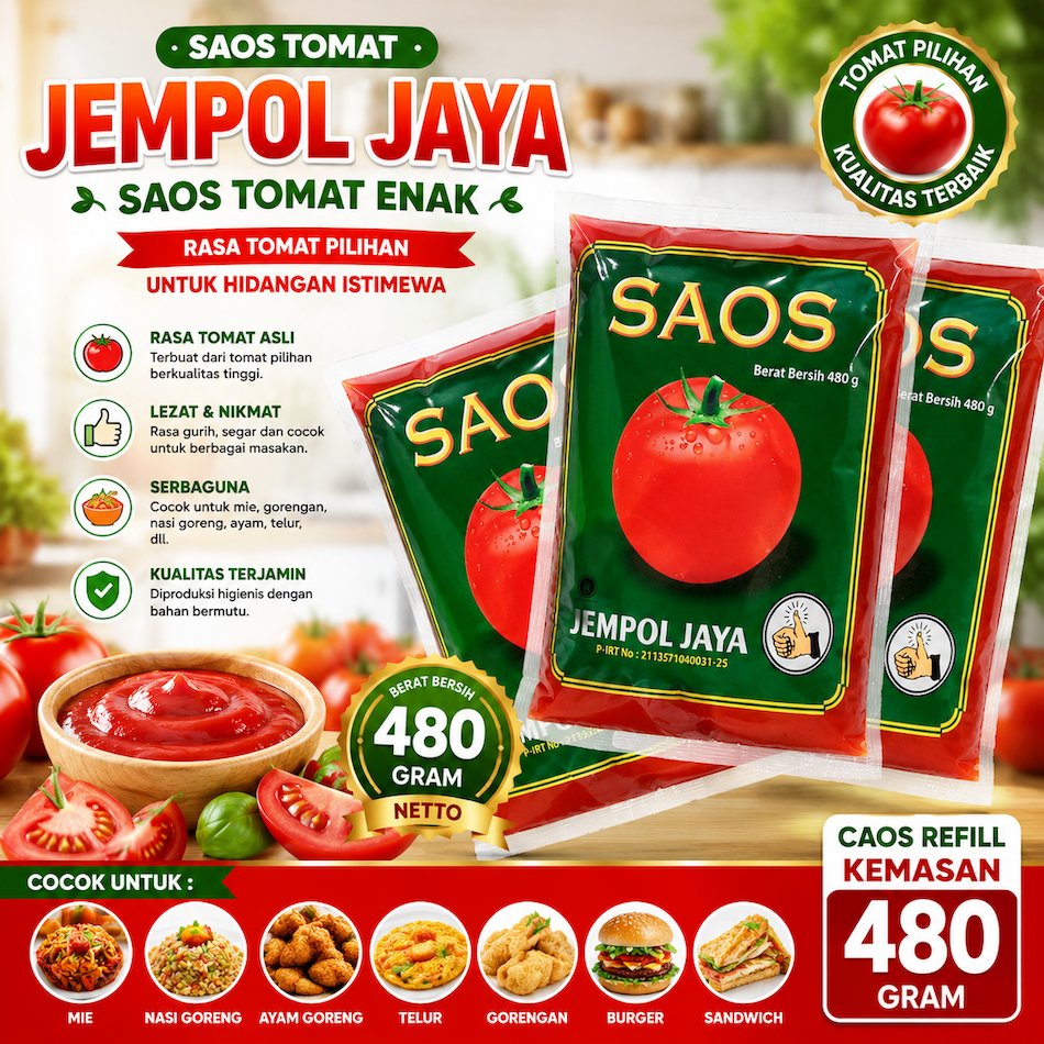 SAOS TOMAT CAP JEMPOL JAYA. SAOS SAUS TOMAT ENAK. CAOS REFILL KEMASAN 480gram