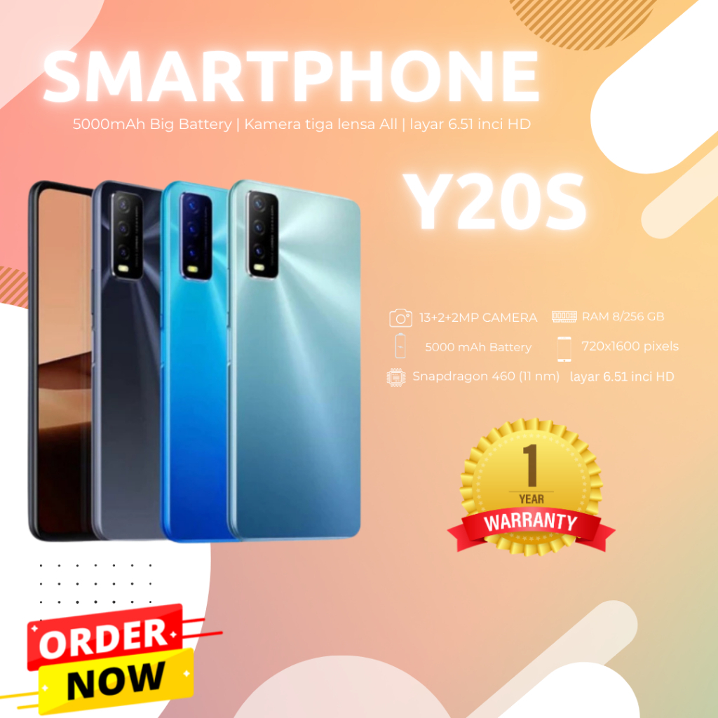 HP SMARTPHONE ANDROID VIVO Y20S RAM 8GB+256 BATTERAI 5000mAh, BERGARANSI 12 BULAN