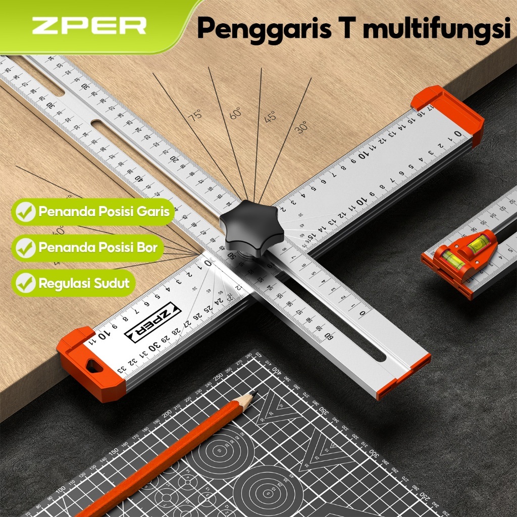 ZPER Penggaris T Aluminium Tukang Kayu 60/120cm Mistar Siku Akurat Bisa Diatur untuk Bor & Pertukang