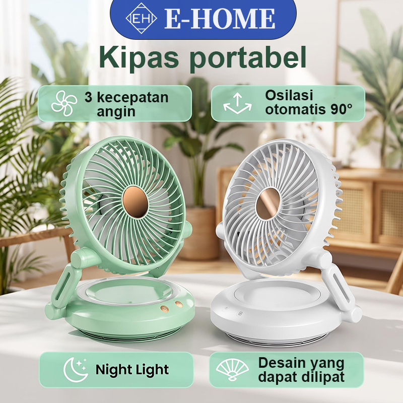 (Bisa Dinding & Swing) E-Home 6000 mAh Kipas Angin Portable Cas Tidak Berisik Putar 90° Kipas angin 
