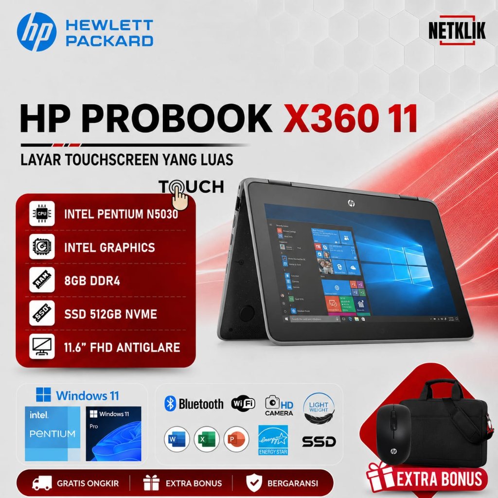 Laptop Touchscreen HP Probook X360 11 Intel N5030 8GB 256GB SSD WIN11 PRO Warna Black