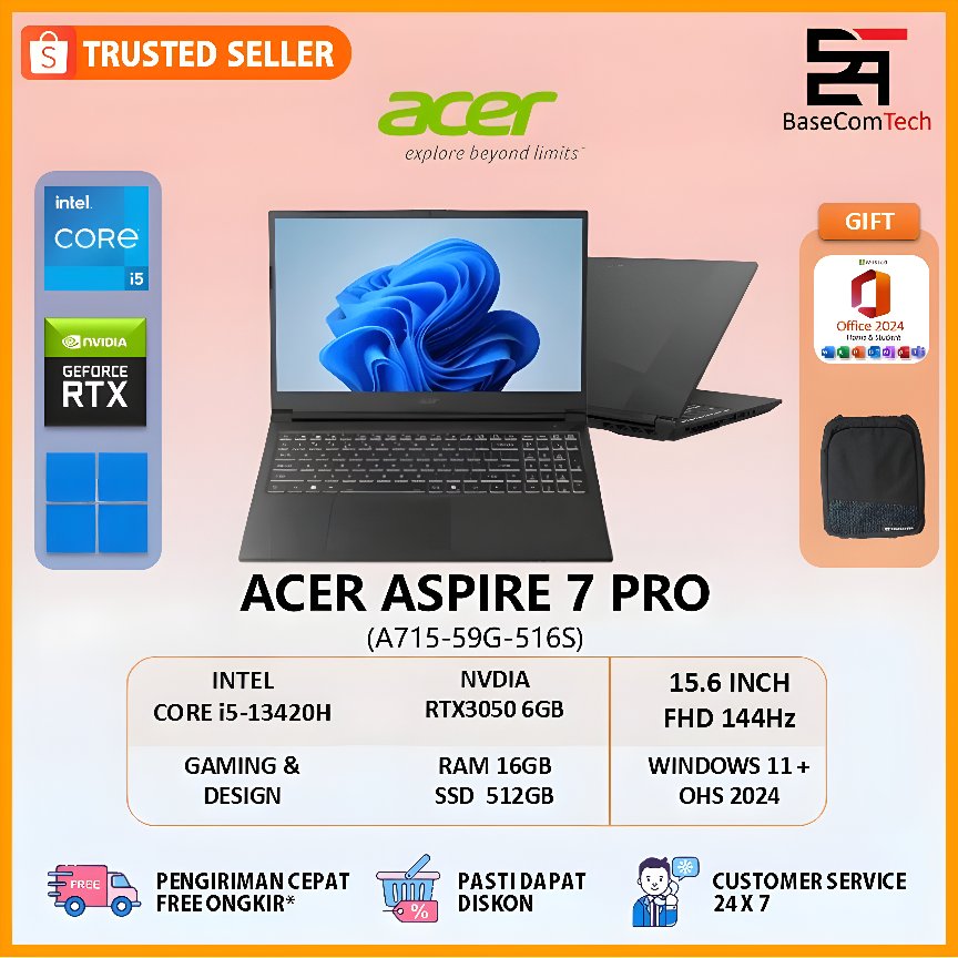 Acer Aspire 7 Pro i5 13420H RTX3050 RAM 16GB SSD 512GB 15.6 inch FHD IPS 144Hz