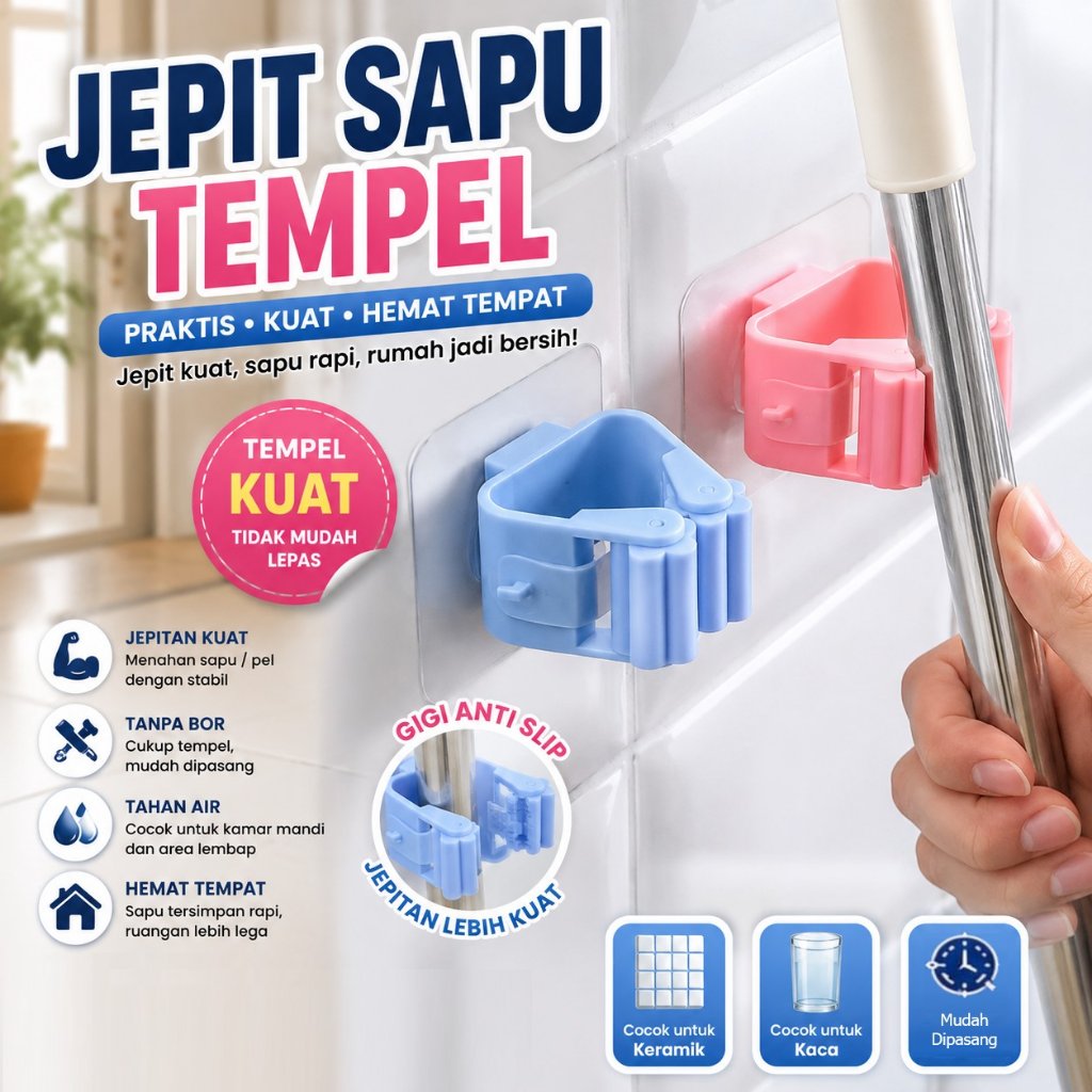 Gantungan Holder Penjepit Sapu Gagang Pel Broom Hanger Sucker Pengait Tempel Dinding Sapu Pel