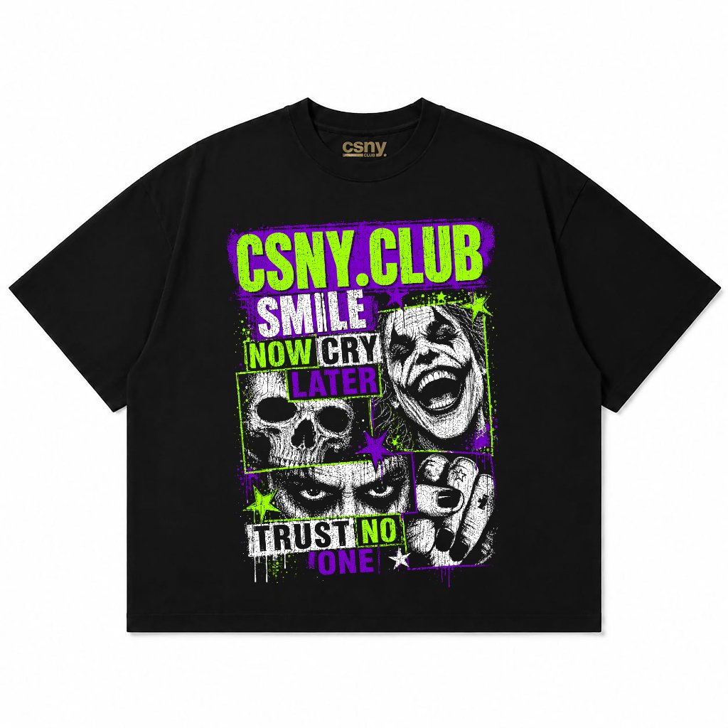 Kaos Hitam CSNY.CLUB Motif Joker, Tulisan Smile Now Cry Later, Trust No One, Lengan Pendek  Boxy Ove