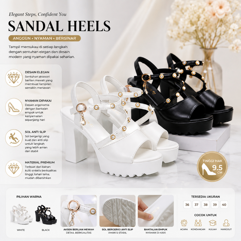RY Aid 0332 Sepatu Tirsoo Sandal High Heels Wanita Hak Tahu Block Heels 10.5cm Tali Silang Mutiara I