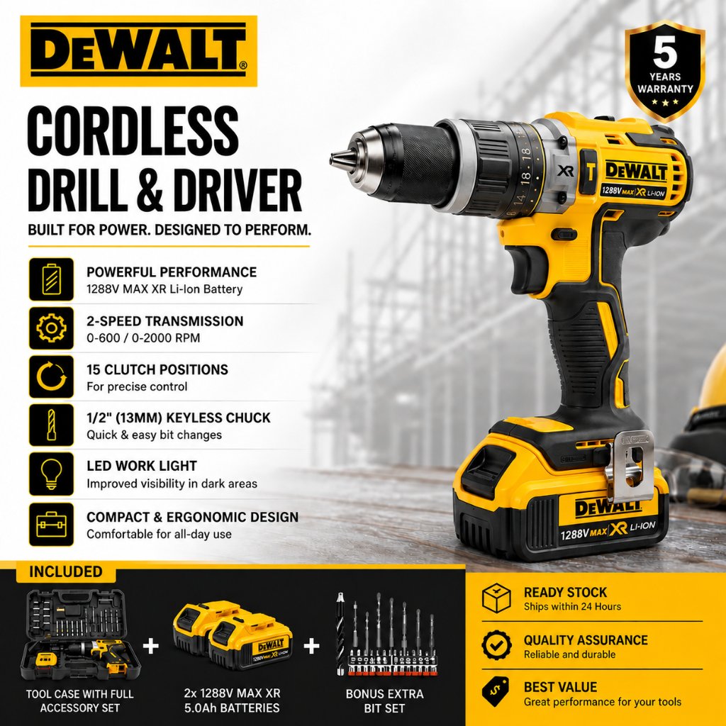 DEWALT Cordless Drill | Battery & Charger Set | Bor Tanpa Kabel Kuat & Multifungsi | Garansi 5 Tahun
