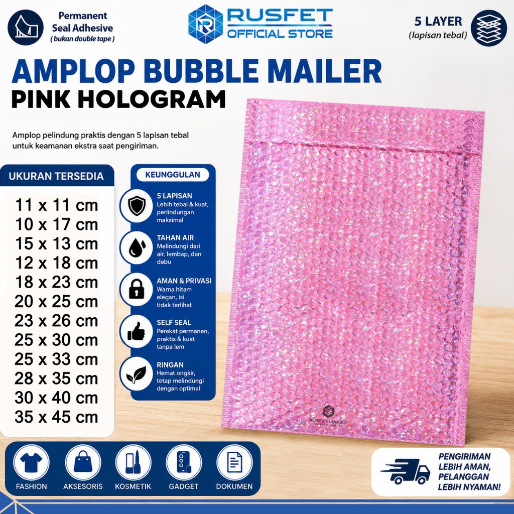 Amplop Bubble Pink Hologram Bubble Mailer Murah Satuan RUSFET