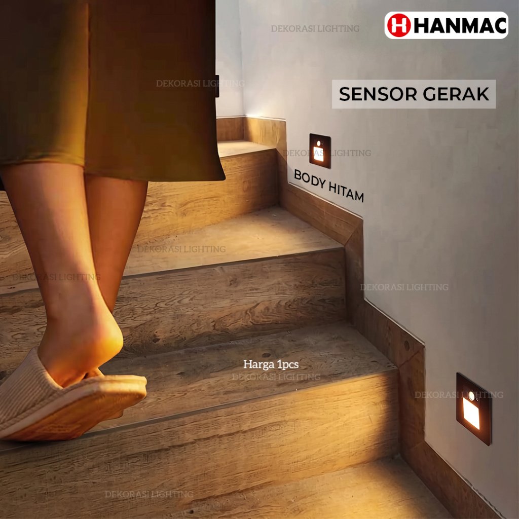 Lampu tangga dinding led sensor gerak indoor kotak putih hitam dekor