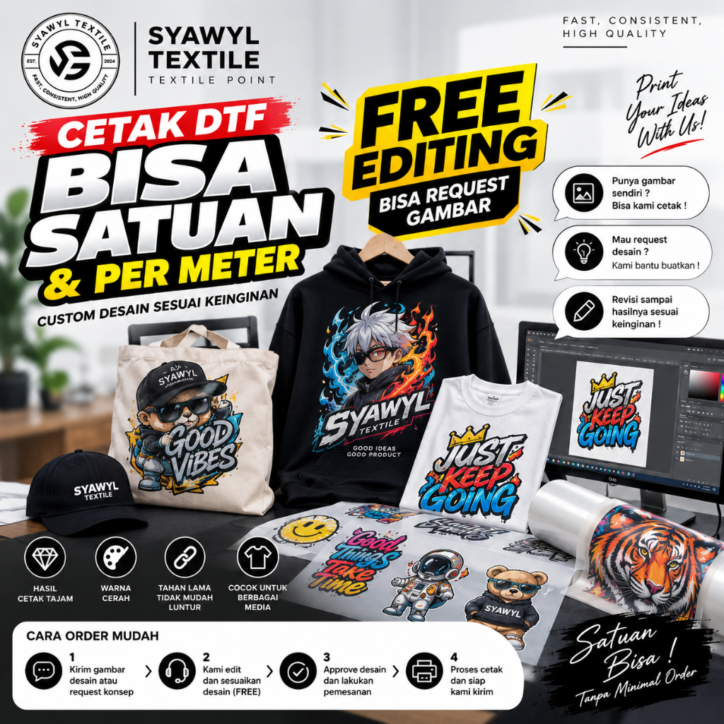Sablon DTF Satuan & Meteran Free Editing dan Bisa Plus Tshirt Cotton Combed 24s