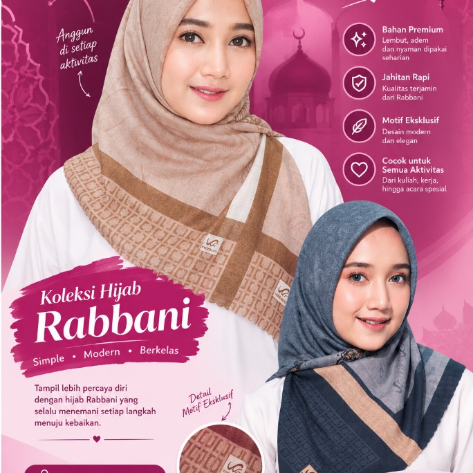 Hijab segi empat Brand Rabbani scarf Berbagai Motif/ Hijab segi empat jahit tepi Dluha scarf