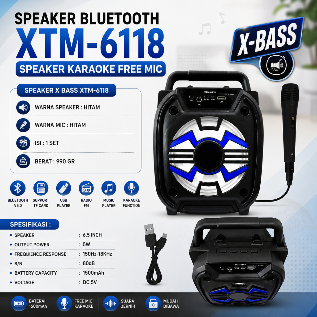 WMS - SPEAKER BLUETOOTH XTM-6118 - SPEAKER KARAOKE FREE MIC - Speaker Bluetooth Portabel XTM-6118 Se