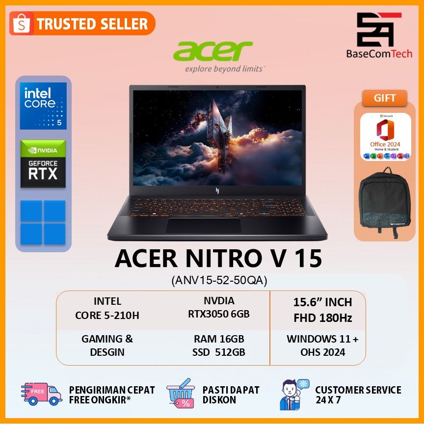 Laptop Acer Nitro V 15 Core 5 210H RTX3050 RAM 16GB SSD 512GB 15.6 inch FHD 180Hz