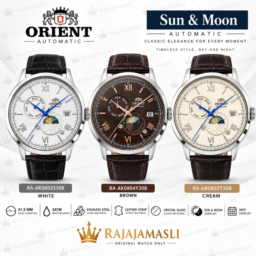 Orient Bambino Sun & Moon Version 9 RA-AK0802S30B RA-AK0803Y30B RA-AK0804Y30B Jam Tangan Pria Disk M