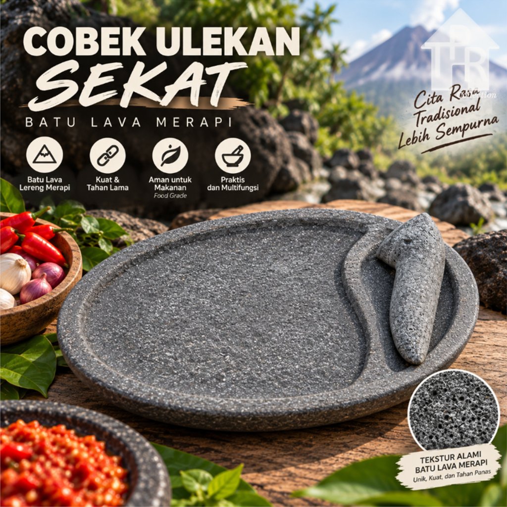Cobek Ulekan Batu Lava Merapi Oval Sekat | Cobek Batu Lava Asli
