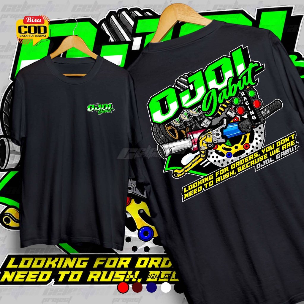 Kaos Kaos Hitam Motif OJOL Gabut Racing dengan Cetak Depan Belakang Lengan Pendek