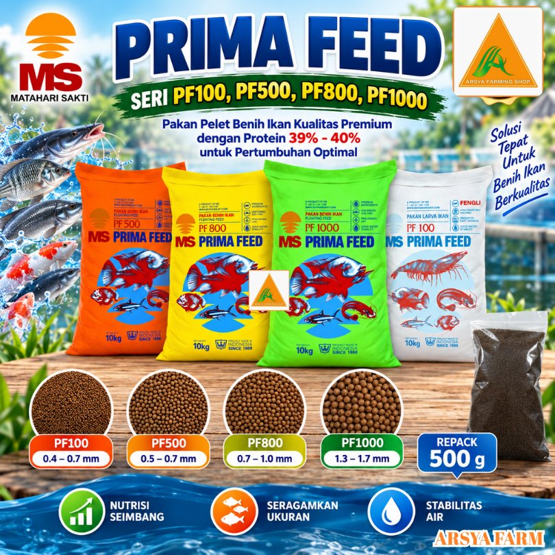 Prima Feed PF100, PF500, PF800,PF1000 Kemasan 500 g, Pakan Pelet Benih Ikan