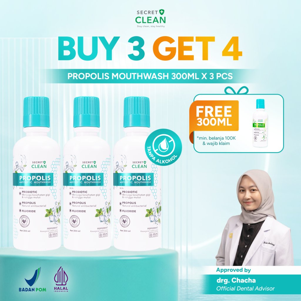 [3 Pcs / 4 Pcs] Secret Clean Paket Propolis Antiseptic Mouthwash 300ml | Obat Kumur Antiseptik Halal