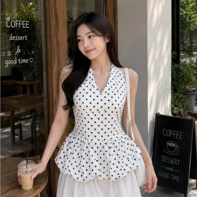 ORTWO FASHION - ZER TANKTOP JIWOO HALTER NECK Atasan Wanita Halter Top Polkadot Hitam V-Neck Peplum 