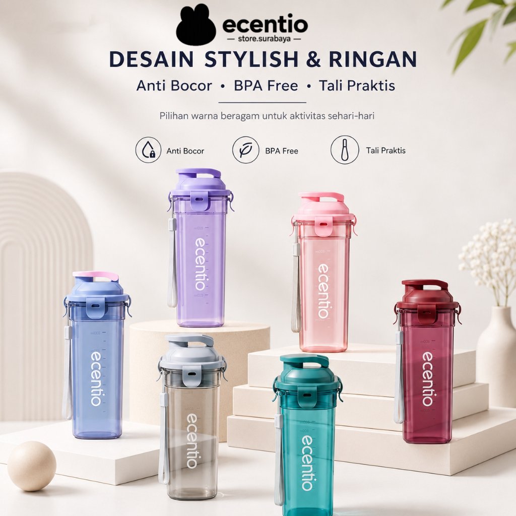 ecentio Botol Minum 500ML BPA Free Anti Bocor Tumbler Estetik Portable dengan Tali Gantung Saringan 