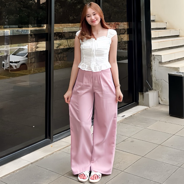 City Pants - Celana Wispie Casual  Panjang Wanita Kantor Kuliah Motif Garis Kulot Pinstripe Karet Le