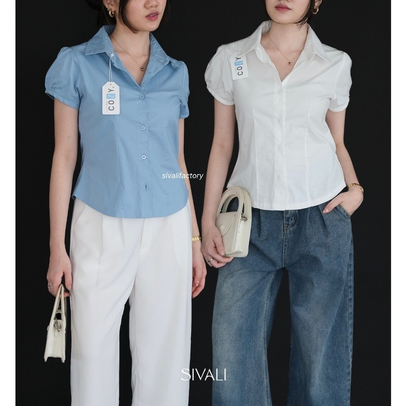 SIVALI Miu Fitted ShortSleeve Shirt  - Kemeja Wanita Petite Slim Atasan Wanita Lengan Pendek