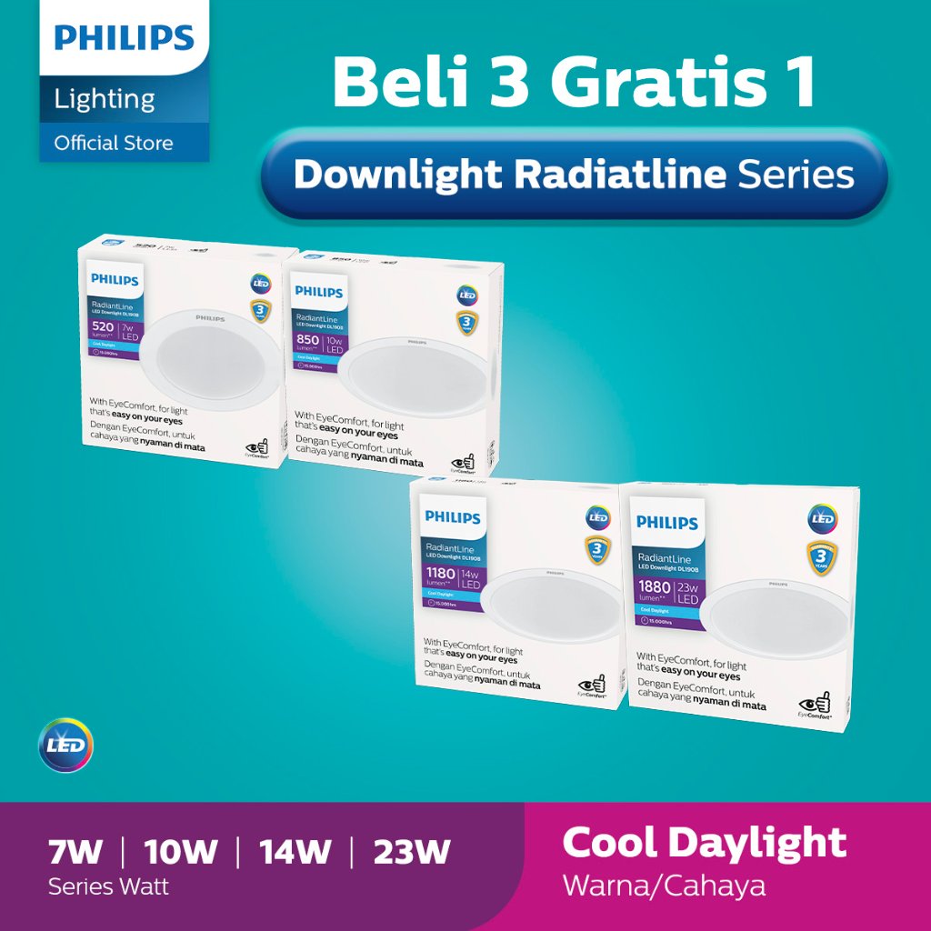 Beli 3 Gratis 1 Philips Lampu Radiantline Downlight DL190B D200 65K Putih 7W, 10W, 14W, 23W
