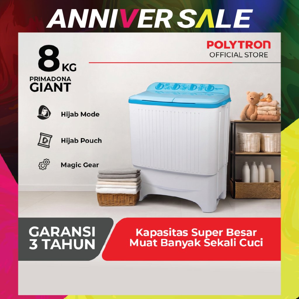 POLYTRON Mesin Cuci 2 Tabung Giant Series  8 KG - PWM 8073B