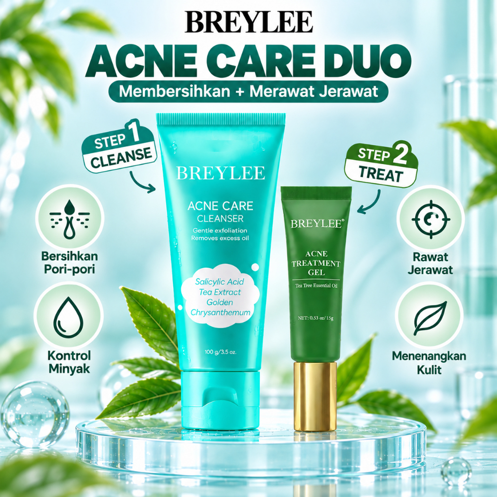 BREYLEE Paket Perawatan Jerawat Acne Care Cleanser 100g + Acne Treatment Gel 15g Facial Wash Pembers