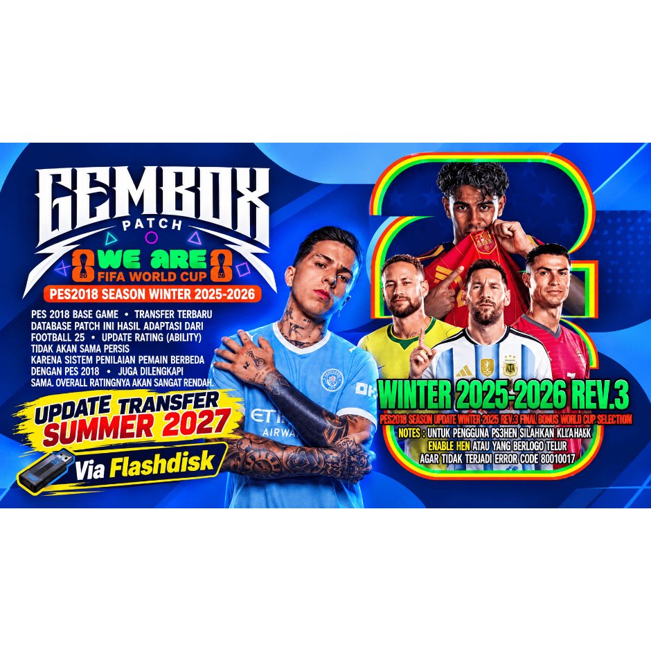 PES 2026 GEMBOX Patch Rev 3 Winter Season FIFA World Cup PS3 – Via Flasdis 16 GB Update Full Transfe