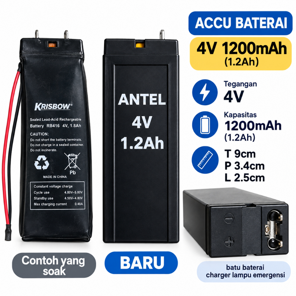 Baterai Accu 4V 1200mAh Rechargeable – Aki Lampu Emergency Senter Timbangan