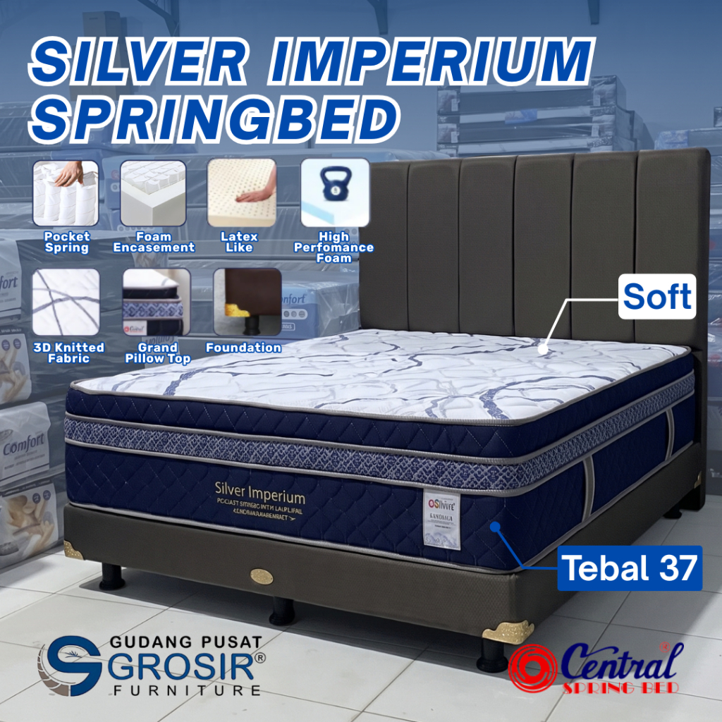 Kasur Springbed CENTRAL Silver Imperium Pocket Spring with Memory Foam Fullset Divan Spring Bed Soft