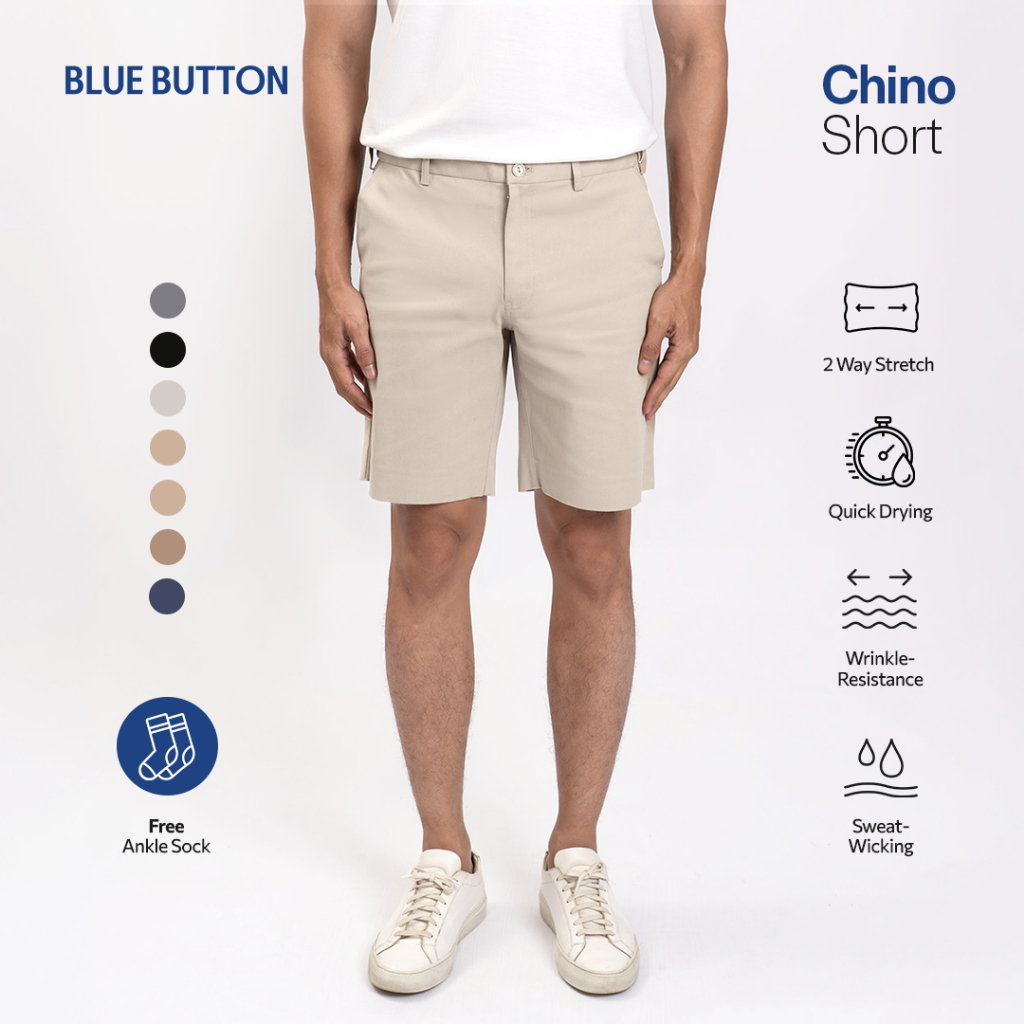BLUEBUTTON Celana Pendek Pria Premium Chino Cream Stretch Slim Fit Nyaman