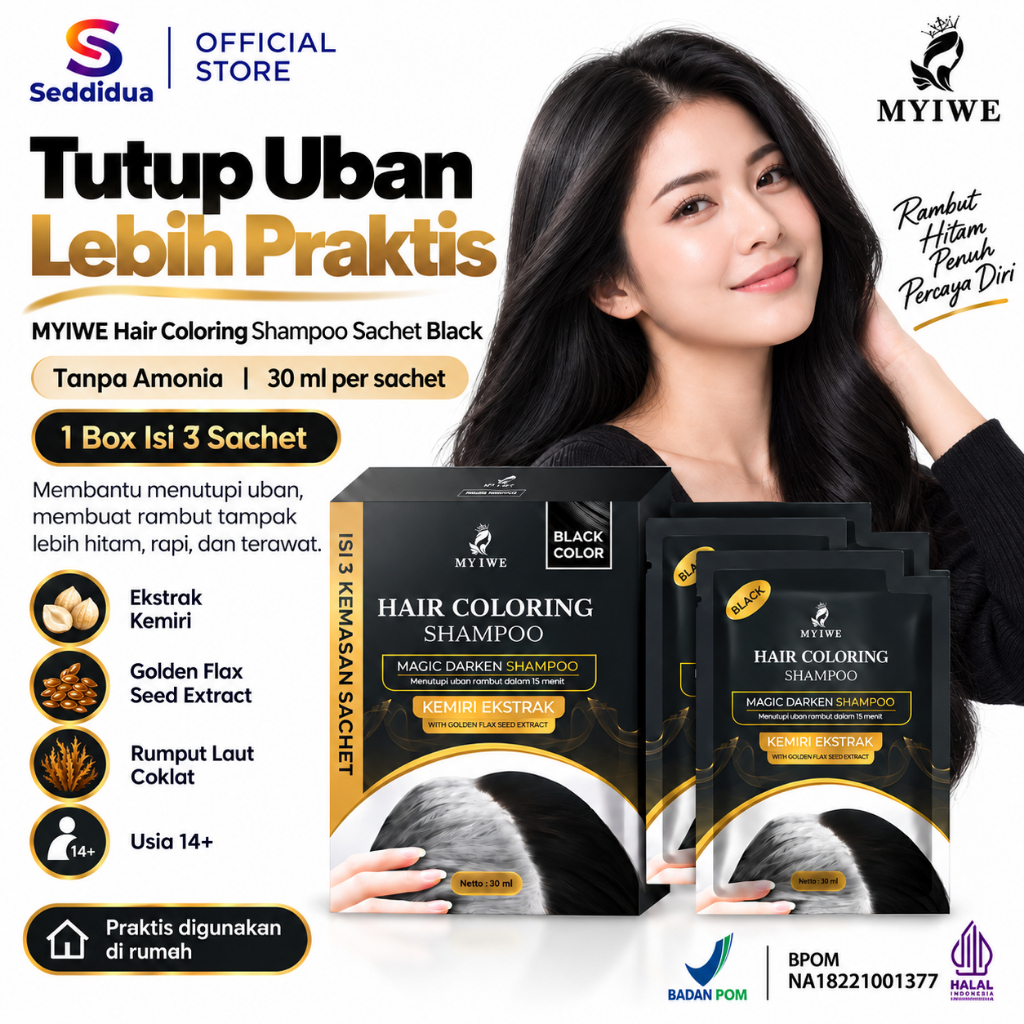 MYIWE My Iwe Hair Coloring Shampoo SACHET 30ml 1 Box 3 Sachet Shampo Penghitam Rambut Uban Anti Uban