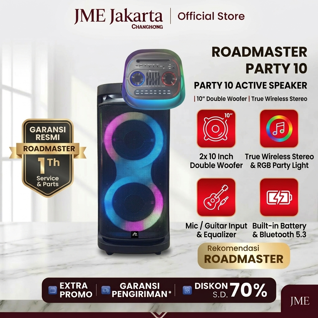 Roadmaster Speaker Aktif PARTY10 Roadmaster Party   10" Speaker Portabel dengan LED RGB & 2 Mic Wire
