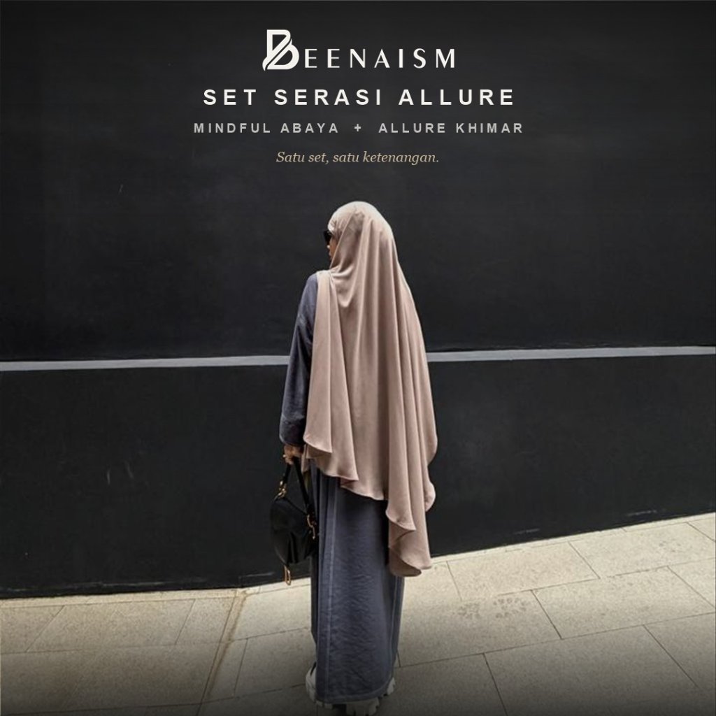 BEENAISM Set Serasi Allure — Mindful Abaya + Allure Khimar Bandana Halfside | Gamis Syari Premium Ba