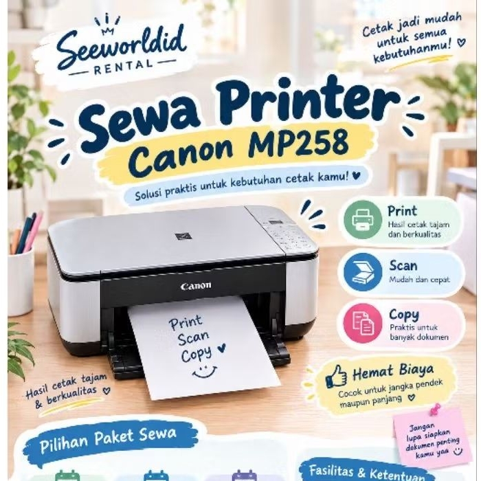 Jasa rental Printer l Seeworldid Rentsl Printer l Print/Scan/Copy Canon Pixma MP258 Second Siap Paka